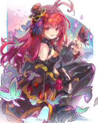 1girl :d animal animal_on_hand antenna_hair black_dress black_hat black_nails black_thighhighs breasts bug butterfly character_request commentary_request commission dress from_side haku_(sabosoda) hand_up hat highres insect looking_at_viewer looking_to_the_side medium_breasts mini_hat mini_top_hat multicolored_nails nail_polish open_mouth phantasy_star phantasy_star_online_2 purple_nails red_eyes red_hair sitting skeb_commission smile solo thighhighs tilted_headwear top_hat