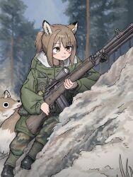 1girl :3 absurdres animal_ears battle_rifle brown_eyes brown_hair camouflage camouflage_pants fox fox_ears fox_girl fox_girl_(yihan_world) fox_tail green_jacket gun hair_between_eyes highres holding holding_gun holding_weapon hood hood_down jacket m14 m21 original outdoors pants ponytail rifle scope snow tail tongue tongue_out tree weapon winter yihan_world