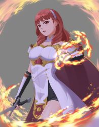 1girl armor black_skirt black_thighhighs breastplate breasts cape celica_(fire_emblem) choker dress earrings fingerless_gloves fire fire_emblem fire_emblem_echoes:_shadows_of_valentia gloves holding holding_sword holding_weapon jewelry kang_gebuk long_hair magic medium_breasts nintendo orange_eyes orange_hair princess red_eyes red_hair skirt solo sword thighhighs tiara weapon white_armor white_dress