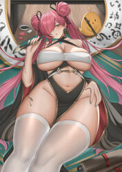 Rule 34 | 1girl, absurdres, azur lane, baby animal, bare shoulders, bird, black ribbon, black sleeves, blush, breasts, calligraphy brush, chick, chinese clothes, chinese commentary, cleavage, clothing cutout, collarbone, commentary request, criss-cross halter, detached sleeves, double bun, earrings, green eyes, green nails, groin, hair between eyes, hair bun, hair over one eye, hair ribbon, halterneck, highres, holding, holding calligraphy brush, holding paintbrush, indoors, jewelry, large breasts, long hair, looking at viewer, lying, manjuu (azur lane), mole, mole under eye, navel, official alternate costume, on back, paintbrush, parted lips, pelvic curtain, pink hair, revealing clothes, ribbon, scroll, sidelocks, skindentation, stomach, stomach cutout, thighhighs, trieste (a brush of springtime ink) (azur lane), trieste (azur lane), very long hair, white thighhighs, wide sleeves, yijie xianyu