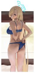 1girl aqwariate ass asuna_(blue_archive) blonde_hair blue_archive blue_bra blue_eyes blue_halo blue_panties bra breasts clothes_pull from_behind grin halo highres large_breasts long_hair looking_at_viewer looking_back panties panty_pull pulling_own_clothes smile solo teeth underwear very_long_hair