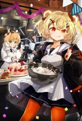1boy 2girls :3 akebisousaku animal_ears apron arknights black_hair black_jacket blonde_hair blue_dress bowl bunting burger cake collared_shirt commentary_request cream dress food food-themed_hair_ornament green_eyes gummy_(arknights) gummy_(elite_ii)_(arknights) hair_ornament hairclip hanging_light highres holding holding_bowl holding_pastry_bag holding_whisk horns jacket kitchen long_sleeves looking_at_viewer matterhorn_(arknights) mini_flag mousse_(arknights) multiple_girls necktie open_clothes open_jacket orange_eyes orange_pantyhose pantyhose pastry_bag potato_wedges rhodes_island_logo_(arknights) shirt short_hair smile standing tongue tongue_out whisk