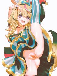 1girl :d absurdres ahoge animal_ear_fluff animal_ears anversailles arm_strap armpits arms_up ass asymmetrical_legwear black_hair blonde_hair blue_bow blue_skirt blue_thighhighs bow bowtie braid breasts cleavage clitoris commentary commission double-parted_bangs facial_mark fox_ears fox_girl fox_tail hair_between_eyes hair_bow hair_ornament hair_over_shoulder hairclip hat heart heart-shaped_pupils highres holding_own_leg hololive jester_cap layered_skirt leg_lift long_hair looking_at_viewer mark_under_eye miniskirt mismatched_legwear multicolored_hair no_panties omaru_polka omaru_polka_(1st_costume) open_mouth pink_hair pink_thighhighs purple_eyes pussy red_bow red_bowtie shirt side_braid simple_background single_braid skirt sleeveless sleeveless_shirt smile solo split standing standing_on_one_leg standing_split streaked_hair striped_clothes striped_skirt striped_thighhighs symbol-only_commentary symbol-shaped_pupils tail teeth thighhighs tilted_headwear traditional_bowtie uncensored upper_teeth_only variant_set vertical-striped_clothes vertical-striped_skirt vertical-striped_thighhighs virtual_youtuber white_background x_hair_ornament