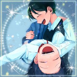 Rule 34 | 2girls, :d, ^ ^, absurdres, arm around neck, black hair, black sweater vest, blue sandals, blue skirt, blush, carrying, carrying person, closed eyes, collared shirt, commentary, dress shirt, futsuu no keion-bu, hair ornament, hairpin, happy, hatono chihiro, highres, kouyama rin, long sleeves, mi fu ji, multiple girls, name tag, neck ribbon, open mouth, pixie cut, pleated skirt, princess carry, red ribbon, ribbon, sandals, school uniform, shirt, short hair, skirt, slides, smile, sparkle, sweater vest, symbol-only commentary, teeth, upper teeth only, white shirt