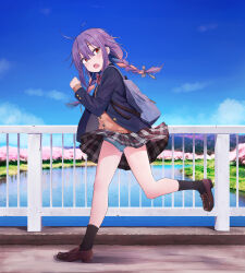 1girl absurdres aqua_panties backpack bag black_socks blazer blue_jacket blue_sky blush bow bowtie braided_twintails bridge brown_cardigan brown_shoes buttons cardigan cherry_blossoms cherry_tree clenched_hand clothes_lift cloud commentary_request concrete crotch_seam day diagonal-striped_bow diagonal-striped_bowtie diagonal-striped_clothes dot_nose fir_tree floating_clothes forest from_side full_body grass grey_bow grey_skirt hair_between_eyes hair_bow hand_up highres hill jacket kneepits loafers long_bangs long_hair long_sleeves looking_at_viewer miniskirt multicolored_hair nature open_clothes open_jacket open_mouth orange_hair original outdoors panties pantyshot path plaid_clothes plaid_skirt polka_dot polka_dot_panties purple_hair railing red_bow red_bowtie red_eyes river road running school_uniform serafuku shoes skirt skirt_lift sky socks solo streaked_hair striped_clothes sunlight teeth tree turning_head underwear upper_teeth_only urushiushiru water wind wind_lift