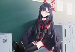 1girl absurdres armband black_choker black_gloves black_hair black_sailor_collar black_serafuku black_shirt black_shoes black_skirt black_socks blue_archive blue_eyes blush choker feathered_wings gloves grin hair_behind_ear hair_ornament hairclip halo highres ichika_(blue_archive) kneehighs long_hair neckerchief red_armband red_neckerchief sailor_collar school_uniform serafuku shirt shoes sitting skirt smile socks solo wings yeming_(yeming0529)
