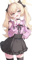 1girl alternate_costume alternate_hairstyle black_choker black_neckerchief black_ribbon black_thighhighs blonde_hair blue_archive choker clothing_cutout collarbone dress flat_chest frilled_dress frills green_eyes halo highres jirai_kei long_hair looking_at_viewer neckerchief open_mouth professor_niyaniya_(blue_archive) ribbon shinori_(efvbji6264) shoulder_cutout skindentation solo standing thighhighs very_long_hair white_background zettai_ryouiki