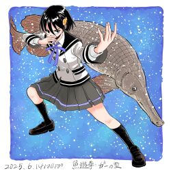 Rule 34 | 1girl, artist name, black hair, black sailor collar, black shoes, black socks, blue ribbon, buttons, collared shirt, commentary, covering own mouth, dated, double-breasted, fighting stance, fish, fish hair ornament, full body, gar (fish), green eyes, grey skirt, hair between eyes, hair ornament, hand over own mouth, hand up, hari tabo42, highres, loafers, namino nagi, neck ribbon, original, pleated skirt, ribbon, sailor collar, shirt, shirt under shirt, shoes, short hair, signature, skirt, socks, solo, standing, translated, white shirt
