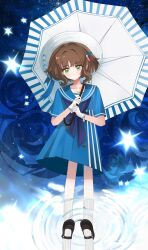 Rule 34 | 1girl, absurdres, black shoes, blue background, blue bow, blue bowtie, blue dress, blue flower, blue rose, blue sailor collar, bow, bowtie, brown hair, chao zhuanye de tiyu laoshi, dress, eagle (reverse:1999), eagle (weekend excursion) (reverse:1999), floral background, flower, full body, gloves, green eyes, hat, head tilt, highres, holding, holding umbrella, mary janes, medium dress, official alternate costume, reflection, reflection focus, reverse:1999, ripples, rose, sailor collar, sailor dress, shoes, short hair, short sleeves, socks, solo, sparkle, standing, umbrella, umbrella over shoulder, white gloves, white hat, white socks, white umbrella