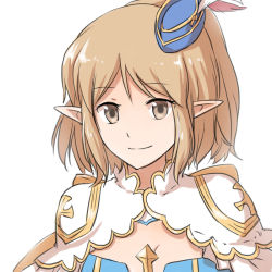 1girl arch_bishop_(ragnarok_online) bicorne blue_dress blue_hat breasts brown_eyes brown_hair cleavage cleavage_cutout closed_mouth clothing_cutout commentary_request dress feathers frilled_dress frills hat hat_feather high_ponytail looking_at_viewer medium_breasts natsuya_(kuttuki) official_alternate_costume pointy_ears ponytail ragnarok_online short_hair simple_background smile solo two-tone_dress upper_body white_background white_dress white_feathers