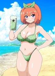 Rule 34 | 1girl, alcohol, beach, beer, beer mug, bikini, blue sky, breasts, cleavage, cloud, commentary request, cup, day, go-toubun no hanayome, green bikini, green hairband, hairband, hand on own hip, highleg, highleg bikini, highres, horizon, kinako mochi (pixiv100419090), large breasts, looking at viewer, melon print, mug, nakano yotsuba, navel, ocean, orange hairband, outdoors, sapporo beer, short hair, sky, smile, solo, swimsuit, thong bikini