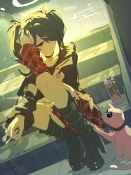 1girl absurdres ame-chan_(needy_girl_overdose) black_boots black_choker black_hair boots can cat choker cigarette commentary hair_over_one_eye halo highres junpaku_karen leg_warmers needy_girl_overdose pien_cat_(needy_girl_overdose) plaid_clothes plaid_skirt platform_boots red_leg_warmers red_skirt sitting skirt solo twintails