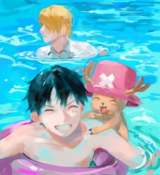 3boys ^_^ antlers black_hair blue_nose closed_eyes collared_shirt cross hat hhyy090 highres horns innertube male_focus monkey_d._luffy multiple_boys one_piece pink_hat reindeer_antlers sanji_(one_piece) scar scar_on_face shirt smile swim_ring swimming tony_tony_chopper white_shirt