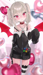 1girl absurdres ahoge badge balloon bare_shoulders black_jacket black_skirt blush button_badge collar collarbone cowboy_shot demon_girl demon_wings fang grey_hair heart_balloon highres jacket jewelry makaino_ririmu makaino_ririmu_(2nd_costume) medium_hair multicolored_hair necklace nijisanji off-shoulder_jacket off_shoulder pointy_ears potepote_lp red_collar red_eyes red_hair red_wings sidelocks skin_fang skirt sleeves_past_fingers sleeves_past_wrists smile solo standing strap_slip streaked_hair striped_clothes striped_thighhighs thighhighs twintails virtual_youtuber wings zettai_ryouiki zipper zipper_pull_tab