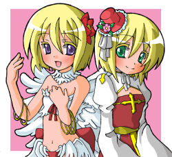 2girls arch_bishop_(ragnarok_online) bangle bikini blonde_hair blush bracelet cleavage_cutout closed_mouth clothing_cutout commentary_request cowboy_shot cross dress feather_trim feathered_wings flat_chest flower green_eyes hair_flower hair_ornament hat jewelry juliet_sleeves long_sleeves looking_at_viewer lowres mini_hat mini_top_hat mismatched_bikini monou0135 multiple_girls navel open_mouth pink_background puffy_sleeves purple_eyes ragnarok_online red_bikini red_flower red_hat sash short_hair smile swimsuit top_hat two-tone_background two-tone_dress wanderer_(ragnarok_online) white_background white_bikini white_dress white_wings wings yellow_sash