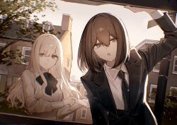 2girls :o adjusting_clothes adjusting_gloves arm_up black_bow black_bowtie black_necktie black_pants black_suit blonde_hair blue_eyes bow bowtie breasts brown_hair building bush chimney closed_mouth cloud collared_shirt double-parted_bangs formal_clothes gloves hair_between_eyes highres house jacket lapels leaning_forward light_particles long_hair long_sleeves looking_at_viewer multiple_girls necktie notched_lapels open_clothes open_jacket open_mouth original pants pole road_sign shirt short_hair sidelocks sign skirt small_breasts smile suit suit_jacket sunlight tamitami tie_clip tree upper_body urban white_gloves white_shirt white_skirt window yellow_eyes