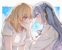 2girls bak_pep bang_dream! bang_dream!_it&#039;s_mygo!!!!! black_ribbon blonde_hair blue_hair blush closed_mouth commentary eye_contact hair_ribbon hands_on_another&#039;s_cheeks hands_on_another&#039;s_face korean_commentary long_hair looking_at_another medium_hair misumi_uika multiple_girls purple_eyes ribbon shirt short_sleeves sidelocks three-quarter_sleeves togawa_sakiko twitter_username upper_body white_shirt yellow_eyes yuri