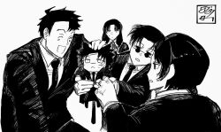 Rule 34 | black coat, black hair, chibi, coat, group picture, hair ornament, highres, kagurabachi, katsutacle, male focus, masumi moku, masumi rou, masumi sumi, multiple boys, non-web source, rokuhira chihiro, scar, scar on face, seiichi iori