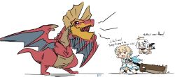 2girls artist_name blonde_hair bright_pupils crossover dragon dress english_text facebook_logo genshin_impact greatsword halo highres holding holding_sword holding_weapon lumine_(genshin_impact) monster monster_hunter_(series) multiple_girls open_mouth paimon_(genshin_impact) pointing sesield sketch sweat sword twitter_logo weapon white_dress white_pupils wings wyvern yellow_eyes yian_kut-ku