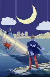 2boys ace_attorney antenna_hair apollo_justice arm_at_side black_hair blue_background blue_jacket blue_pants blue_shirt bracelet brown_footwear brown_hair clay_terran collared_jacket crescent facing_another hat headband jacket jacket_on_shoulders jewelry long_sleeves looking_ahead multiple_boys nekowosuu pants peaked_cap phoenix_wright:_ace_attorney_-_dual_destinies profile props red_pants rocket shirt short_hair sitting sleeves_rolled_up spiked_hair standing water white_footwear white_headband white_sleeves