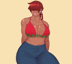 1girl 1shermieaday breasts curvy dark-skinned_female dark_skin denim earrings female_focus food food_print fruit fruit_print heart huge_breasts jeans jewelry large_breasts long_hair marellartt pants ponytail red_hair shermie_(kof) smile smiley_face standing strawberry strawberry_print tan the_king_of_fighters thick_thighs thighs twintails wide_hips