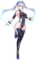 1girl :o amahara_kuon bare_shoulders black_leotard black_thighhighs blue_eyes blue_hair blush boots bracelet breasts celestia_quartz covered_navel elbow_gloves full_body gloves gradient_hair groin headgear highleg highleg_leotard highres impossible_clothes impossible_leotard jewelry kutan large_breasts leg_up leotard long_hair looking_at_viewer magical_girl multicolored_hair open_mouth original sideboob simple_background skin_tight skindentation solo standing standing_on_one_leg thigh_boots thighhighs thighs transparent_background twintails white_background white_gloves white_hair