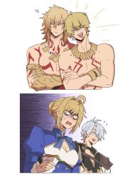1girl 3boys ? ?? absurdres ahoge anger_vein antenna_hair arm_tattoo armlet armor artoria_pendragon_(fate) black_choker black_shirt blonde_hair blue_bow blue_bowtie blue_dress blue_eyes bow bowtie braid breasts chest_tattoo choker clawed_gauntlets cleavage_cutout clothing_cutout coat commentary crossed_arms dress earrings english_commentary facial_tattoo fate/stay_night fate_(series) food gilgamesh_(fate) gold_earrings gold_necklace gradient_hair hair_between_eyes highres holding holding_food honkai:_star_rail honkai_(series) jewelry juliet_sleeves long_sleeves medium_breasts medium_hair multicolored_hair multiple_boys mydei_(honkai:_star_rail) necklace netoii parted_bangs pauldrons phainon_(honkai:_star_rail) puffy_sleeves red_hair red_tattoo saber_(fate) saber_(honkai:_star_rail)_(fate) sandwich shirt short_hair shoulder_armor side_braid single_pauldron surprised sweat sweatdrop tattoo topless_male white_coat white_hair