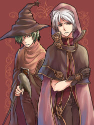 2boys brown_cape brown_capelet brown_eyes brown_gloves brown_hat brown_pants cape capelet closed_mouth commentary_request cowboy_shot expressionless gloves green_eyes green_hair hair_over_one_eye hat hat_ornament holding holding_staff hood hood_up looking_at_viewer mage_(ragnarok_online) male_focus micoto multiple_boys pants parted_lips ragnarok_online red_background red_shirt shirt short_hair staff star_(symbol) star_hat_ornament white_hair witch_hat wizard_(ragnarok_online)