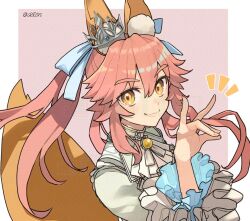 1girl :3 animal_ear_fluff animal_ears aoten_(aoiroarekore) border brooch crown ear_through_crown fate/extra fate_(series) fox_ears fox_girl fox_shadow_puppet fox_tail frills hair_ribbon jacket jewelry long_hair looking_at_viewer mini_crown pink_background pink_hair ribbon simple_background smile solo split_ponytail tail tamamo_(fate) tamamo_no_mae_(fate/extra) upper_body white_border yellow_eyes
