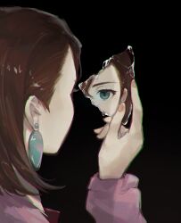 1girl ayase_momo black_background blue_eyes broken_glass brown_hair dandadan earrings glass glass_shard highres holding_glass_shard jewelry pink_sweater reflection simple_background solo sweater ven_juice
