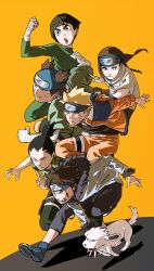 Rule 34 | 6+boys, absurdres, akamaru (naruto), akimichi chouji, bandaged arm, bandages, bandana, black eyes, black hair, blonde hair, blue bandana, blue eyes, bowl cut, brown hair, closed mouth, commentary request, dog, facial mark, flak jacket, forehead protector, green jumpsuit, headband, highres, hyuuga neji, inuzuka kiba, jacket, jumpsuit, konohagakure symbol, male focus, multiple boys, nara shikamaru, naruto (classic), naruto (series), ninja, orange background, orange jacket, pnpk 1013, ponytail, purple eyes, rock lee, sharp nails, short ponytail, simple background, spiked hair, uzumaki naruto, whisker markings, yellow background