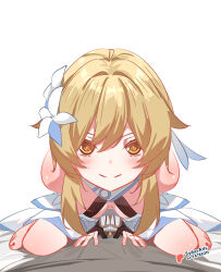 1girl barefoot blonde_hair breasts breasts_apart commentary english_commentary flower genshin_impact good_morning_my_brother_(meme) hair_flower hair_ornament looking_at_viewer lumine_(genshin_impact) medium_breasts patreon_username pov scene_reference short_hair_with_long_locks sidelocks smile solo sydus tokidoki_bosotto_roshia-go_de_dereru_tonari_no_alya-san yellow_eyes