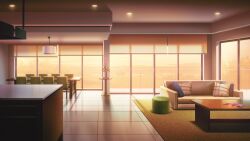 apartment book carpet ceiling_light couch dining_room footrest glowing highres indoors no_humans non-web_source official_art orange_light our_life:_beginnings_and_always pillow plant potted_plant railing reflective_floor scenery sunset table tile_floor tiles tree window_light window_shutter wooden_chair wooden_table
