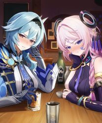 3girls asymmetrical_gloves bare_shoulders black_gloves blue_eyes blue_hair blue_necktie blush braid citlali_(genshin_impact) closed_mouth cup drunk elbow_gloves eula_(genshin_impact) facial_mark fingerless_gloves genshin_impact gloves highres indoors looking_at_viewer lumine_(genshin_impact) manjirou_(manji_illust) multiple_girls necktie parted_lips pink_hair pink_pupils sitting triangle triangle_facial_mark twin_braids uneven_gloves vision_(genshin_impact) yellow_eyes