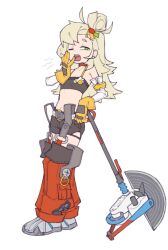1girl blonde_hair breasts check_copyright copyright_request earrings fujimna green_eyes jewelry loli long_hair one_eye_closed open_mouth piper_wheel simple_background small_breasts solo teeth upper_teeth_only white_background yawning zenless_zone_zero