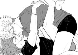 2boys blue_lock chigiri_hyoma commentary_request from_side greyscale highres kunigami_rensuke leg_lock light_blush long_hair looking_at_another male_focus male_underwear mirenyan_x monochrome multiple_boys shirt short_hair simple_background spiked_hair thighs underwear white_background yaoi