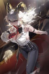 1girl arm_strap bare_shoulders black_choker black_gloves black_horns black_pants black_shoes black_tail breasts choker commentary curled_horns demon_tail fire flame-tipped_tail gloves grey_hair hair_between_eyes high-waist_pants highres horns large_breasts long_hair mole mole_on_breast mouth_hold necktie pants red_eyes red_necktie sabotensuteeki shirt shirt_tucked_in shoes solo tail torn_clothes torn_shirt white_shirt wuthering_waves zani_(wuthering_waves)