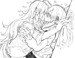 2girls amane_(7783) assertive_female blush commentary_request earrings greyscale hand_on_wall heart ichinose_shiki idolmaster idolmaster_cinderella_girls jewelry kabedon kiss lipps_(idolmaster) long_hair miyamoto_frederica monochrome multiple_girls saliva short_hair speech_bubble surprised sweatdrop sweater thought_bubble translation_request trembling wavy_hair yuri
