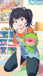 1girl :d apron black_hair black_pants blue_apron blue_eyes flat_chest full_body game_cg gridman_universe hand_puppet highres indoors kindergarten long_hair looking_at_viewer official_art open_mouth orange_shirt orange_slippers pants ponytail puppet shirt short_sleeves slippers smile solo ssss.gridman takarada_rikka teeth third-party_source upper_teeth_only