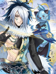 arm_up brown_eyes chain chosokabe_motochika crossed_arms dewott fur_collar gen_5_pokemon gloves japanese_clothes long_bangs medium_hair multicolored_hair nintendo nipples off-shoulder_shirt off_shoulder pectorals pokemon pokemon_conquest sengoku_musou shirt smile tattoo two-tone_hair