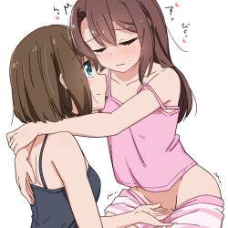 2girls arms_around_neck black_camisole blue_eyes blush brown_hair camisole closed_eyes closed_mouth clothes_pull commentary_request extreme_hearts fingering hayama_hiyori highres kodaka_saki long_hair miruzawa_akechi multiple_girls pink_camisole pink_shorts pussy short_hair shorts shorts_pull simple_background white_background white_shorts yuri