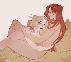 2girls ahageao49 batman_(series) between_legs black_lips black_nails blue_eyes blush commentary cuddling dc_comics english_commentary gradient_hair hand_in_another&#039;s_hair hand_on_another&#039;s_back hand_on_another&#039;s_shoulder harley_quinn harley_quinn_(cartoon) highres hug leaf lipstick_mark lipstick_mark_on_face long_hair looking_at_another multicolored_hair multiple_girls open_mouth pink_hair poison_ivy red_hair smile twintails yuri