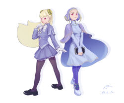 Rule 34 | absurdres, bbbaozi, blonde hair, book, capcom fighting jam, cape, detached hood, dress, full body, gloves, hairpods, highres, ingrid (capcom), long hair, looking at viewer, pantyhose, purple eyes, purple pantyhose, simple background, skirt, smile, standing, street fighter, street fighter 6, white gloves
