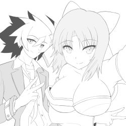1boy 1girl bare_shoulders blazblue blazblue:_cross_tag_battle breasts cleavage crossover hair_ribbon highres japanese_clothes kido_hyde kimono large_breasts monochrome multicolored_hair ribbon school_uniform senran_kagura short_hair slit_pupils smile two-tone_hair under_night_in-birth yumi_(senran_kagura)