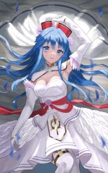 1girl armpits blue_eyes blue_hair blush breasts bride cape cleavage closed_mouth dress elbow_gloves fire_emblem fire_emblem:_the_binding_blade fire_emblem_heroes flower gloves hair_flower hair_ornament hat highres lilina_(bridal)_(fire_emblem) lilina_(fire_emblem) long_hair looking_at_viewer medium_breasts nintendo official_alternate_costume smile solo tarutaru193 thighhighs wedding_dress white_cape white_dress white_gloves white_thighhighs