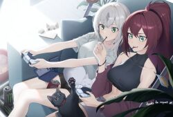 2girls absurdres bare_shoulders black_bustier black_shorts breasts can cardigan cat character_request collarbone commission couch fate/grand_order fate_(series) food food_in_mouth game_console green_eyes grey_hair grey_shorts hair_between_eyes handheld_game_console high_ponytail highres holding holding_food holding_pocky large_breasts long_hair magictuna medium_breasts monster_energy multicolored_hair multiple_girls nagao_kagetora_(fate) navel off_shoulder open_cardigan open_clothes open_mouth pixiv_commission plant playing_games playstation_5 playstation_portable pocky pocky_in_mouth ponytail potted_plant purple_cardigan purple_hair shirt short_sleeves shorts sitting t-shirt turtleneck two-tone_hair very_long_hair video_game white_shirt
