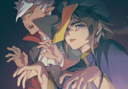 2boys :p black_hair blue_eyes cape dark-skinned_male dark_skin fangs gundam gundam_tekketsu_no_orphans hat highres ascot jiangshi male_focus mikazuki_augus multiple_boys orga_itsuka pointy_ears qingdai_guanmao sumooo_(ga_ilil) talisman thick_eyebrows tongue tongue_out vampire_costume white_hair yellow_eyes