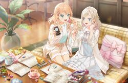 Rule 34 | 2girls, :d, aqua eyes, blue eyes, blue shirt, bow, breasts, brown jacket, brown shorts, candy, cellphone, ceras yanagida lilienfeld, ceras yanagida lilienfeld (summer loungewear), chair, chupa chups, coffee mug, collarbone, couch, cup, dress, dress bow, earbuds charging case, earphones, food, frilled dress, frills, game cg, grey hair, hair ornament, highres, hinoshita kaho, hinoshita kaho (summer loungewear), holding, holding phone, hood, hooded jacket, ice, ice cube, indoors, jacket, large breasts, link! like! love live!, lollipop, long sleeves, looking at another, love live!, mechanical pencil, medium breasts, medium dress, medium hair, mug, multiple girls, non-web source, notebook, office chair, official art, on couch, open clothes, open jacket, open mouth, orange hair, pen, pencil, pencil case, phone, rabbit hair ornament, shared earphones, shirt, short shorts, shorts, sitting, sleeveless, sleeveless dress, smartphone, smile, swivel chair, table, teacup, two side up, virtual youtuber, white dress, white jacket, wireless earphones, wrapped candy, wrapped lollipop
