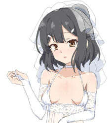 1girl bare_shoulders breasts bridal_gauntlets choker collarbone copyright_request dress lowres medium_breasts nyaru_(nyaru_4126) ponytail see-through_clothes simple_background solo upper_body veil white_background white_choker white_dress