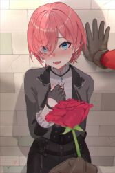 1girl 1other against_wall alternate_costume arm_behind_back blue_eyes blush brick_wall coat embarrassed fancy_suit fingerless_gloves flirting flower formal_clothes gloves highres hololive nails open_mouth pink_hair plant pov rose short_hair smile suit suspenders takane_lui takion virtual_youtuber